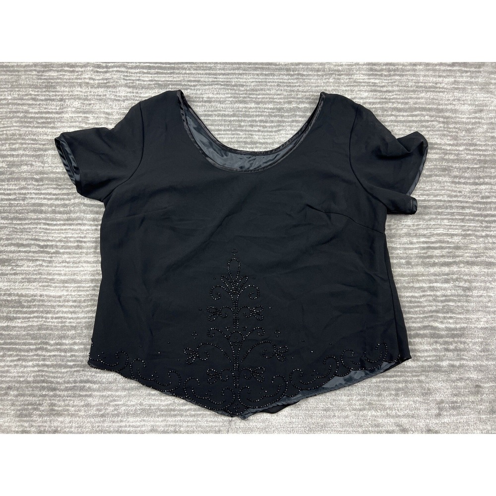 JMS Collection Blouse Women 20 Black Beaded Scoop Neck Pointed Hem Short Sleeve